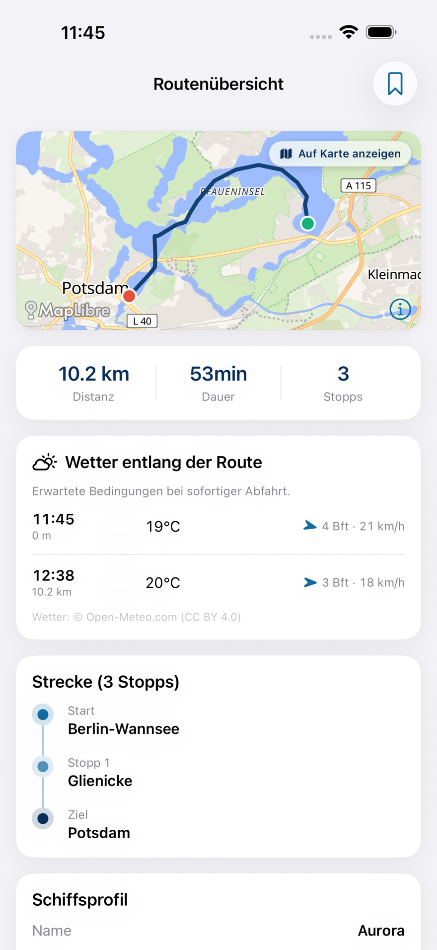 Rivanaut Routenübersicht mit Strecke, Dauer und Stopps