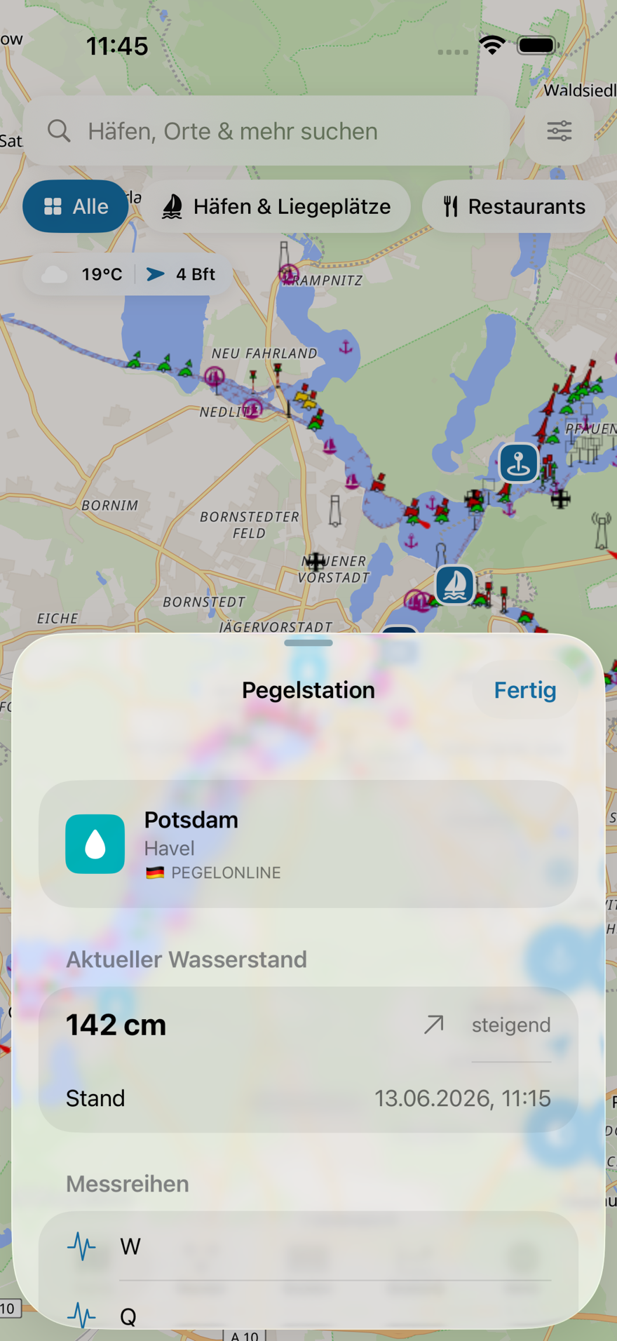 Rivanaut Pegel-Messstelle mit aktuellem Stand und Trend