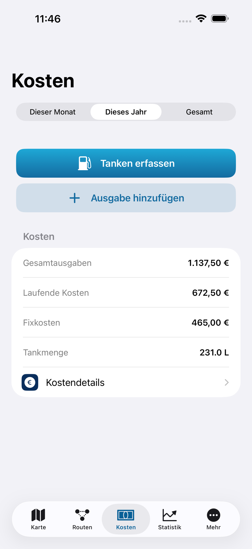 Rivanaut Kostenübersicht mit Summen und Spritmenge