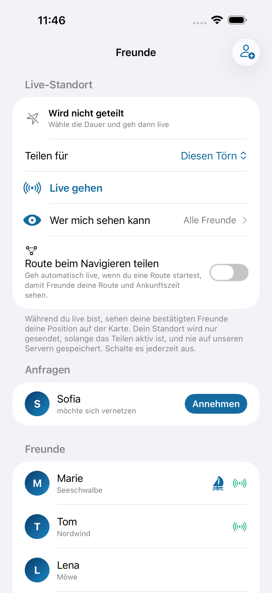 Rivanaut Freunde und Live-Standort-Teilen