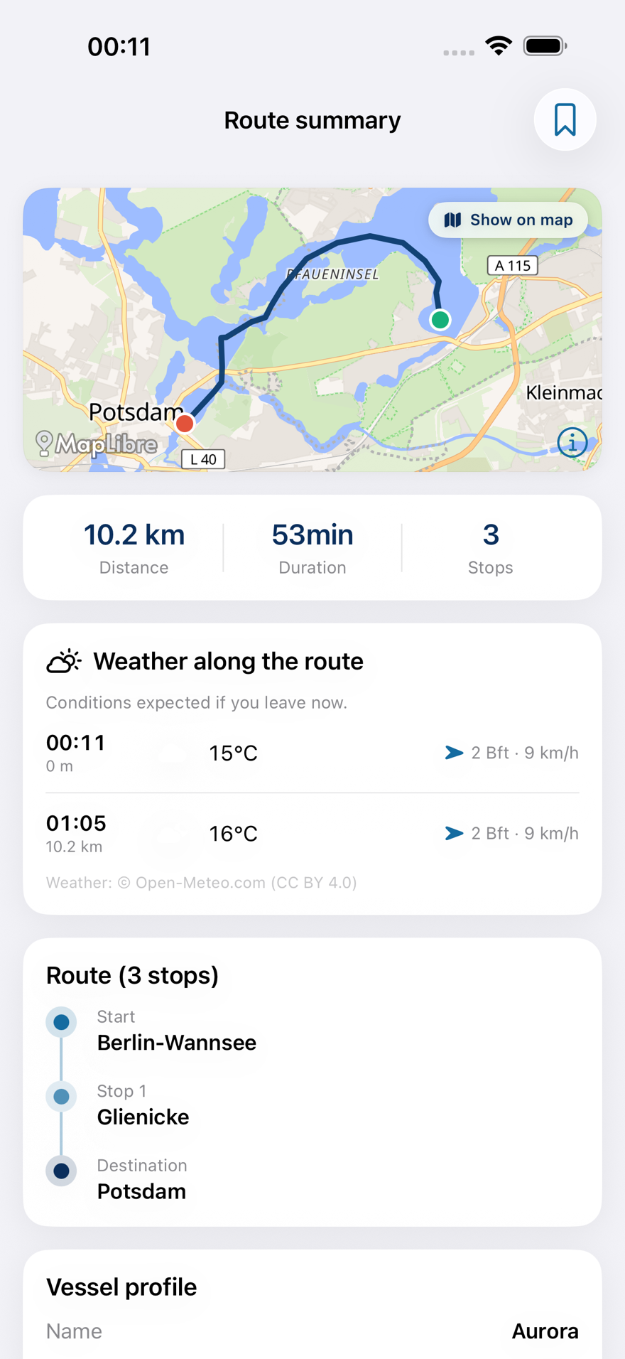 Rivanaut route summary with distance, duration and stops
