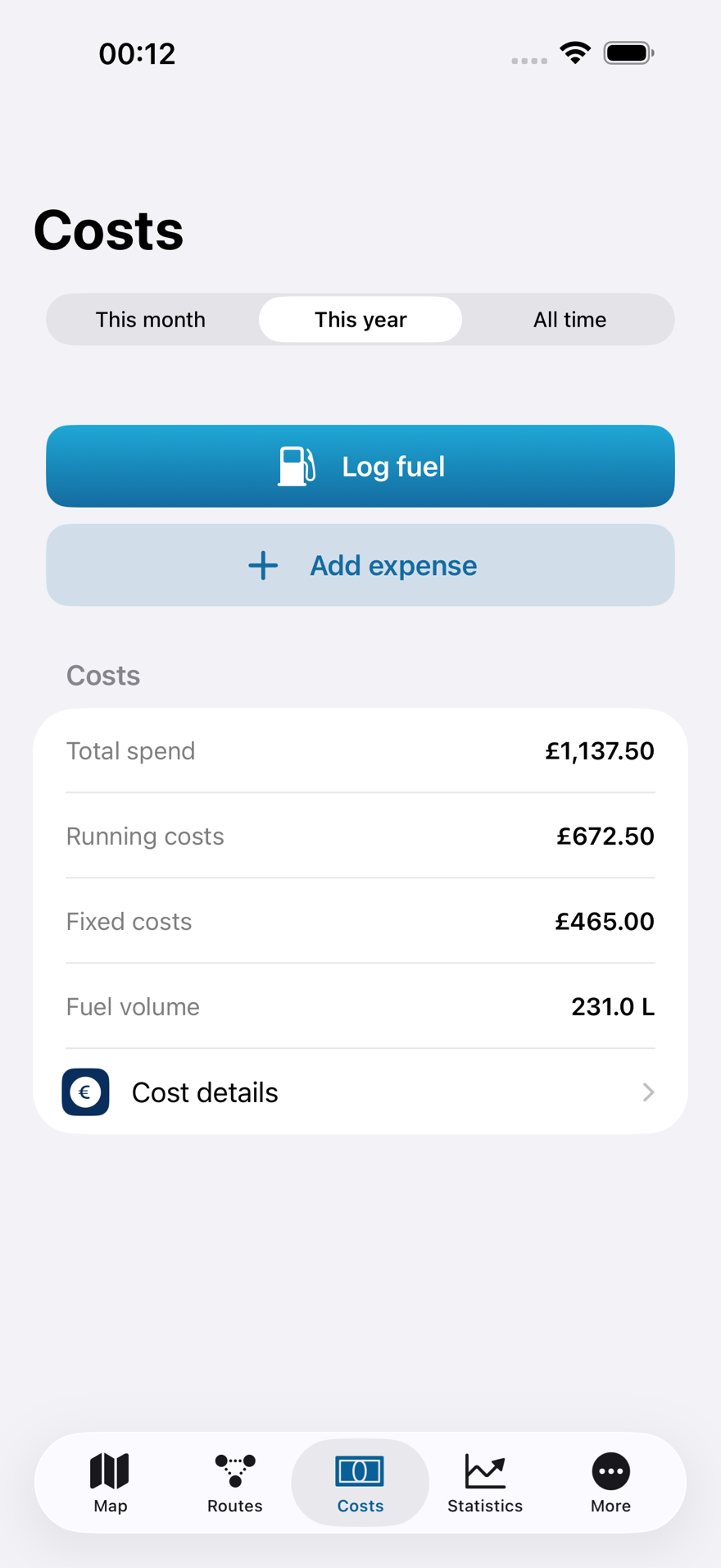 Rivanaut costs overview with totals and fuel volume