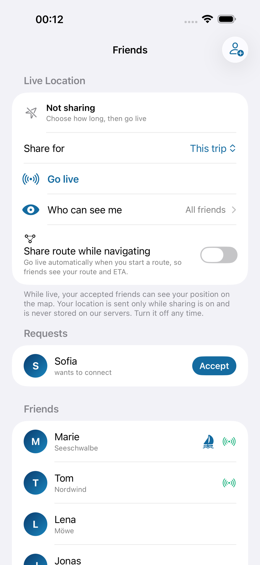 Rivanaut friends and live location sharing